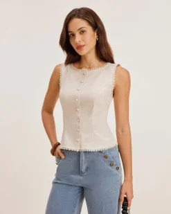 Apricot Boat Neck Button Vest