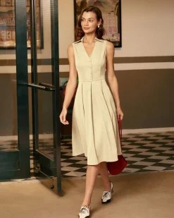 Apricot Button Sleeveless Midi Dress