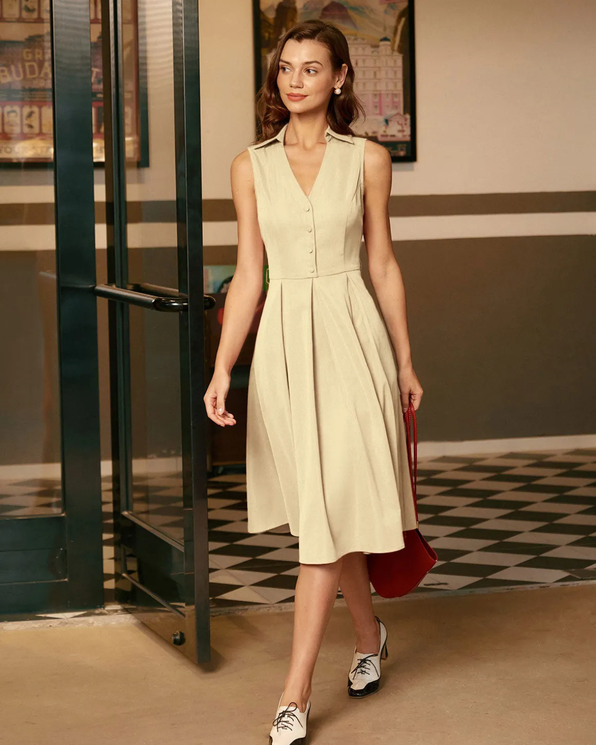 Apricot Button Sleeveless Midi Dress