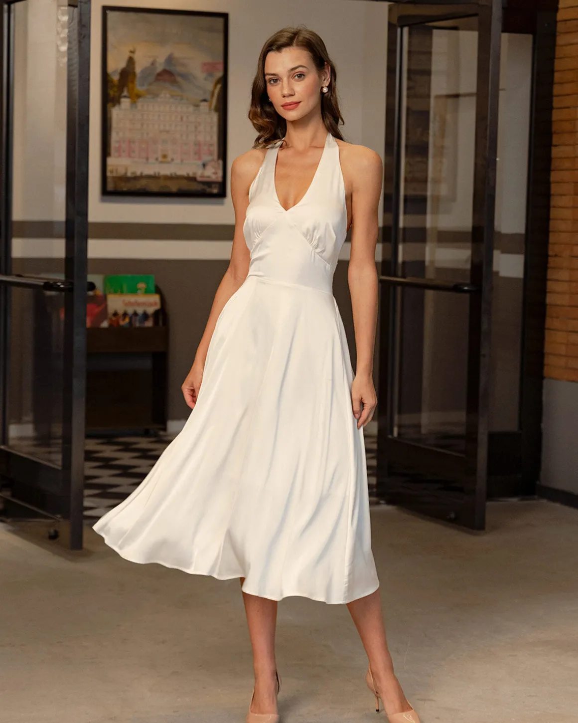 Apricot Halter Backless Satin Midi Dress