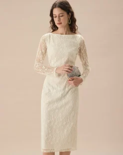 Apricot Lace Boat Neck Long Sleeve Midi Dress