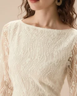 Apricot Lace Boat Neck Long Sleeve Midi Dress