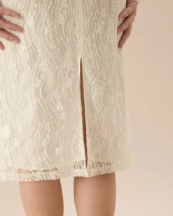 Apricot Lace Boat Neck Long Sleeve Midi Dress