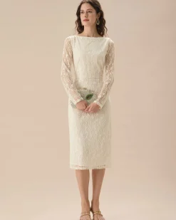 Apricot Lace Boat Neck Long Sleeve Midi Dress