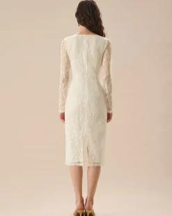 Apricot Lace Boat Neck Long Sleeve Midi Dress