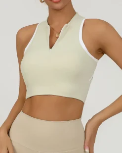Apricot Round Neck Zipper Yoga Tank Top - Light Support