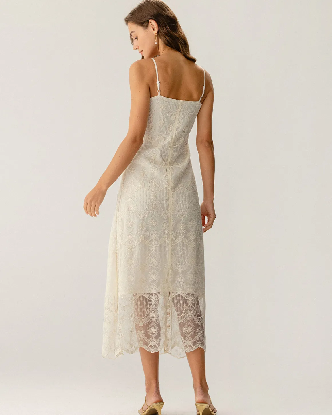 Apricot Textured Lace Slip Maxi Dresses