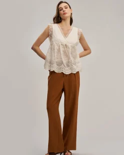 Apricot V Neck Lace See-Through Tank Top