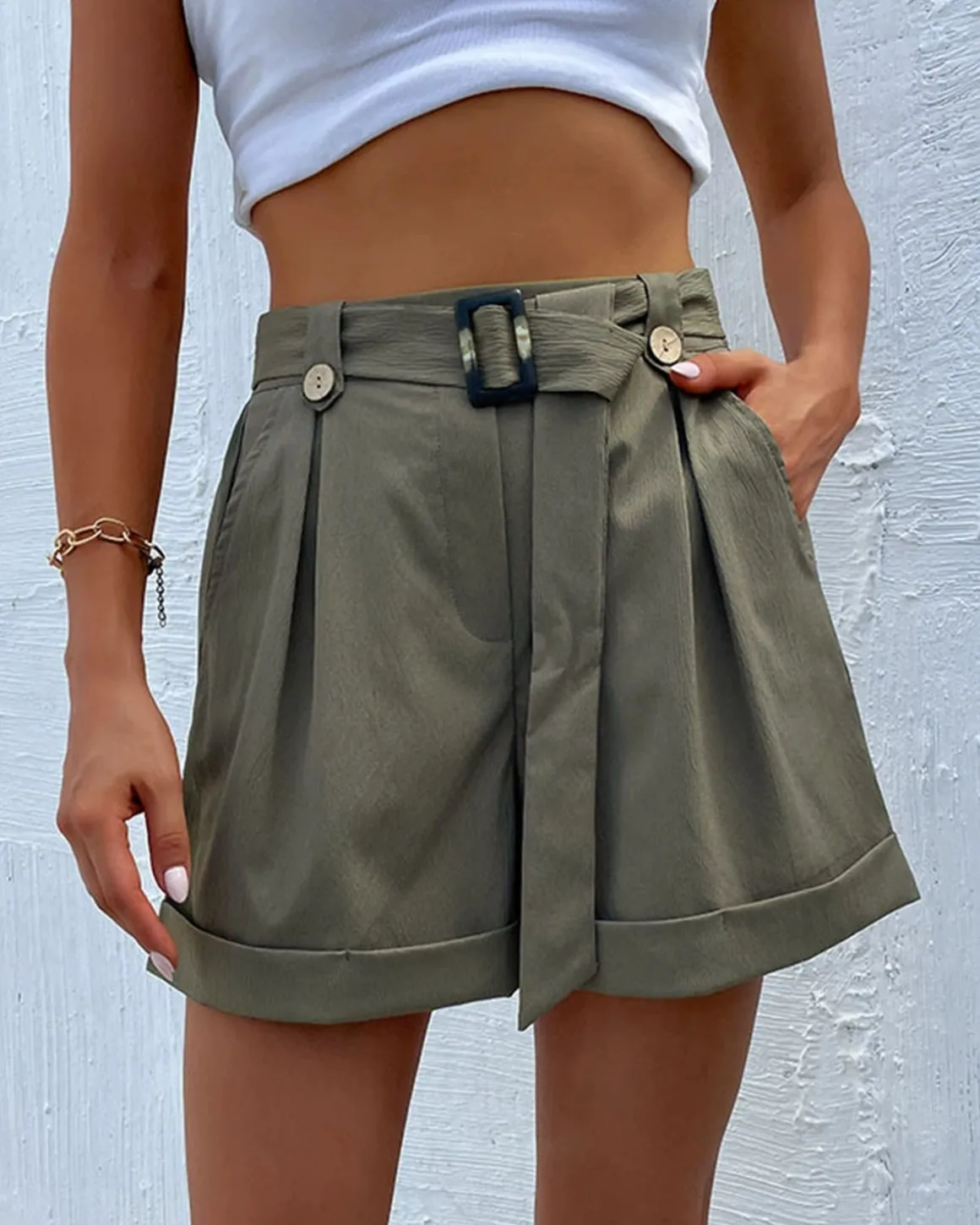 Army Green Button Shorts