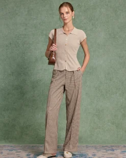 Beige Cap Sleeve Button Knit Tee