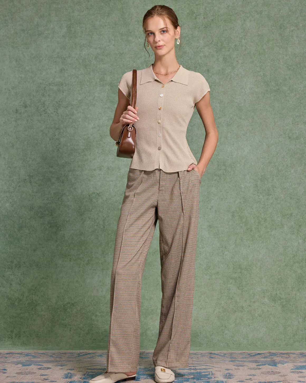 Beige Cap Sleeve Button Knit Tee