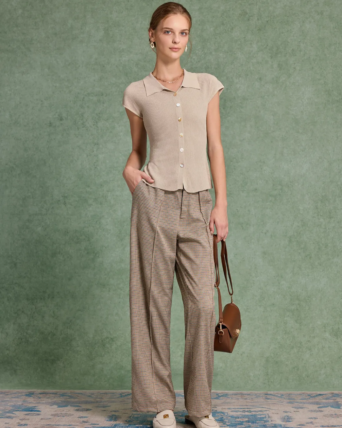 Beige Cap Sleeve Button Knit Tee