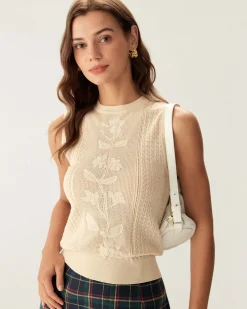 Beige Crew Neck Knit Tank Top
