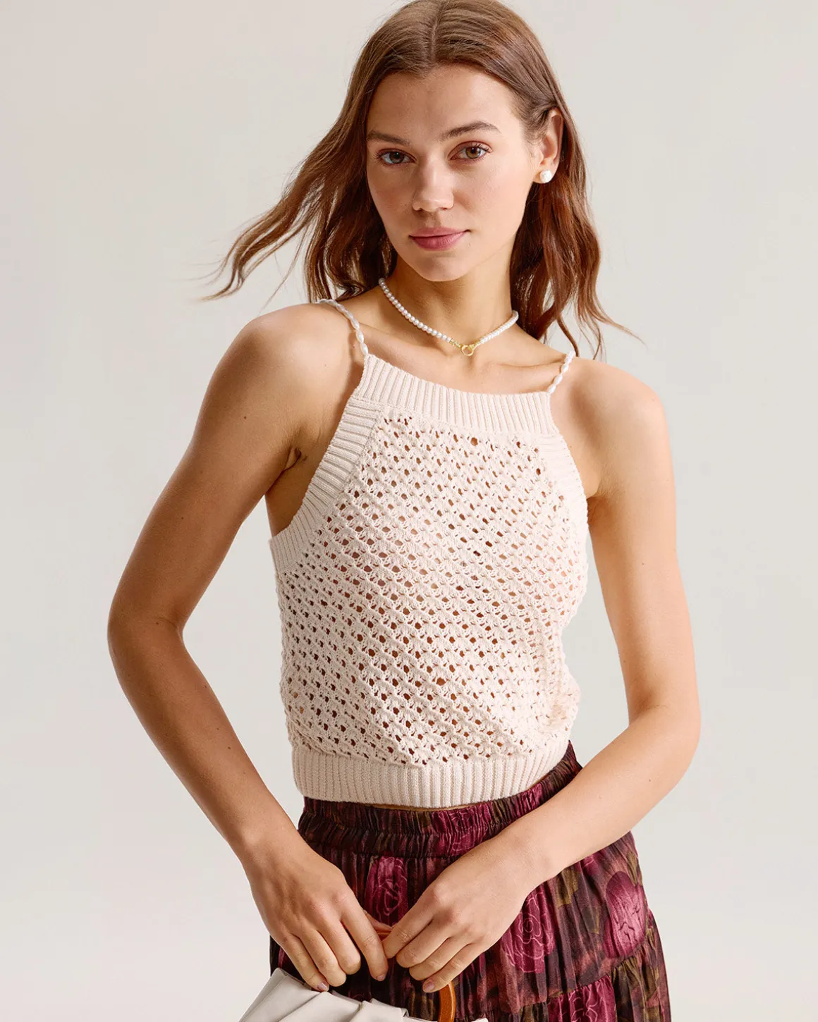 Beige Crochet Beaded Cami Top