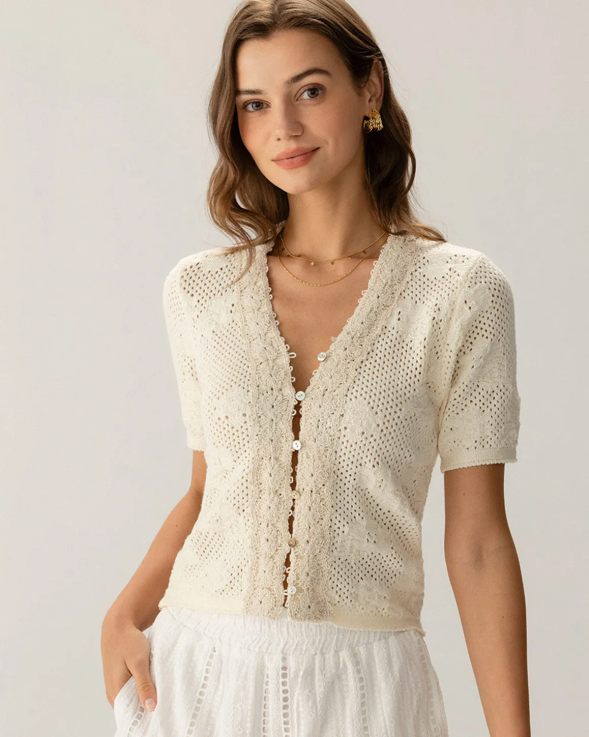 Beige Crochet Textured Cropped Cardigan