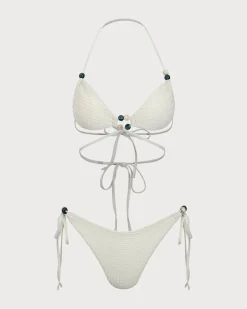Beige Cut Out Beaded Bikini Set