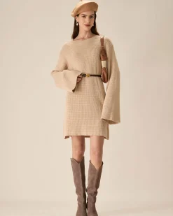 Beige Drop Shoulder Sweater Mini Dress
