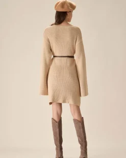Beige Drop Shoulder Sweater Mini Dress