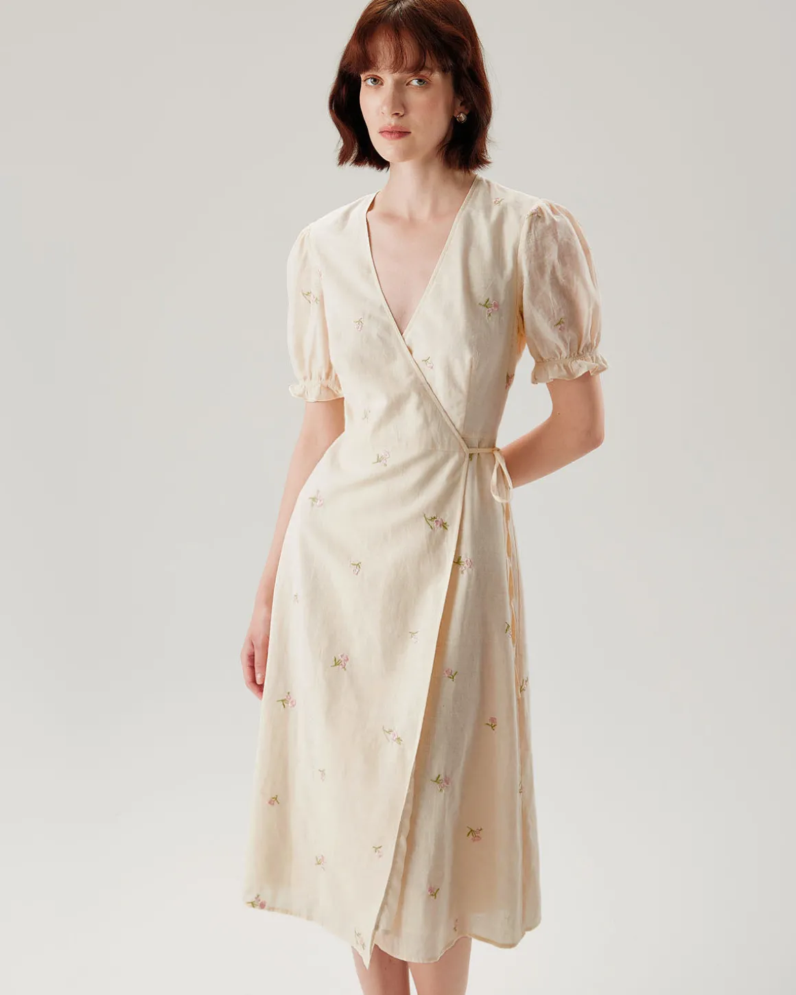 Beige Embroidery Puffed Sleeve Wrap Midi Dress