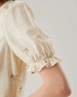 Beige Embroidery Puffed Sleeve Wrap Midi Dress