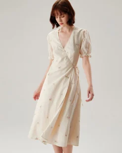 Beige Embroidery Puffed Sleeve Wrap Midi Dress