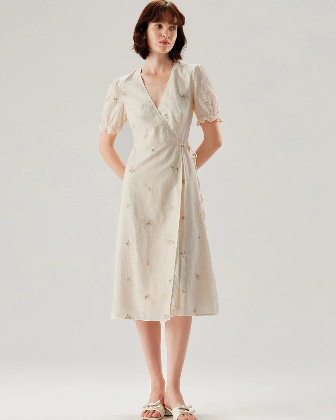 Beige Embroidery Puffed Sleeve Wrap Midi Dress