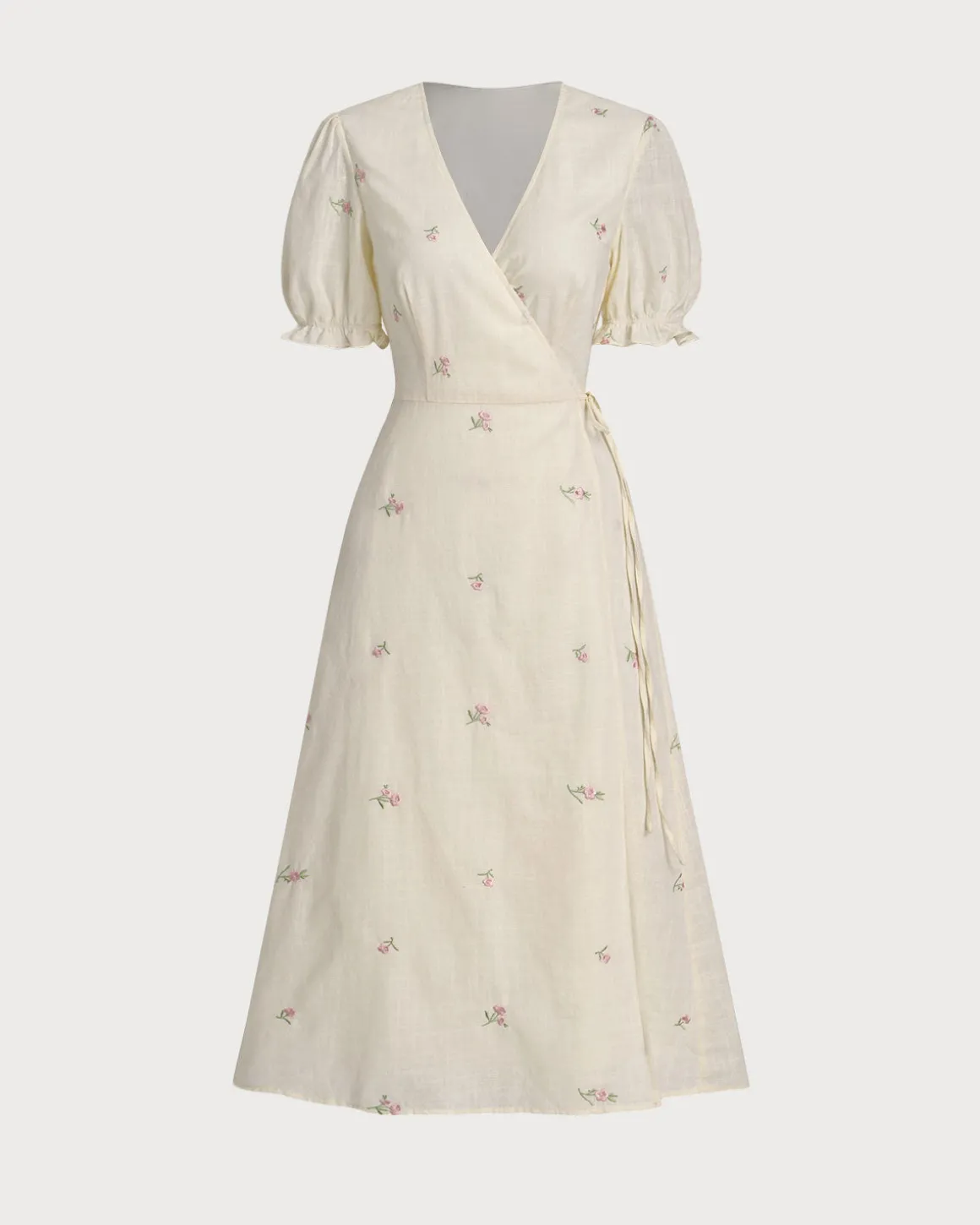 Beige Embroidery Puffed Sleeve Wrap Midi Dress