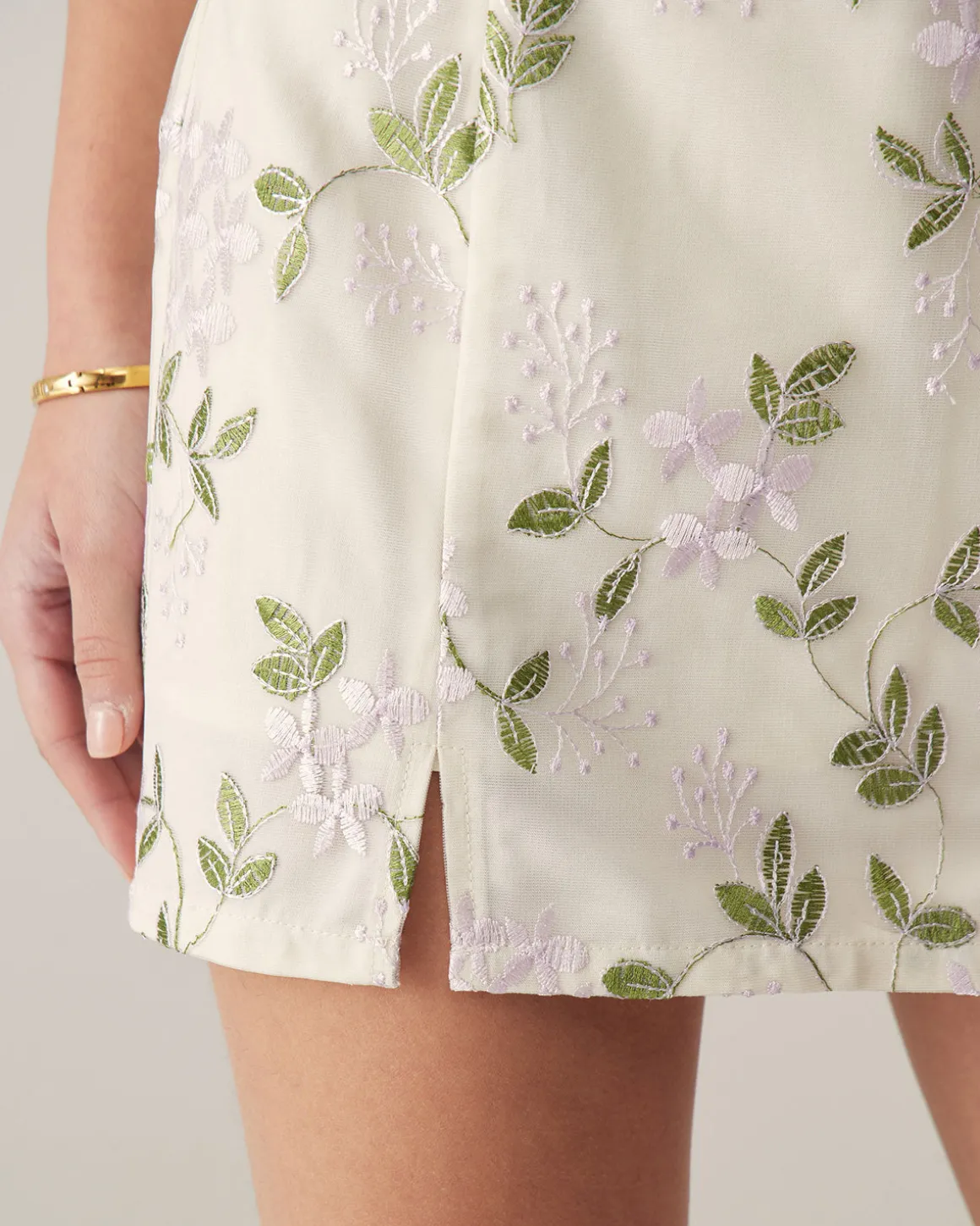 Beige Floral Straight Mini Skirt
