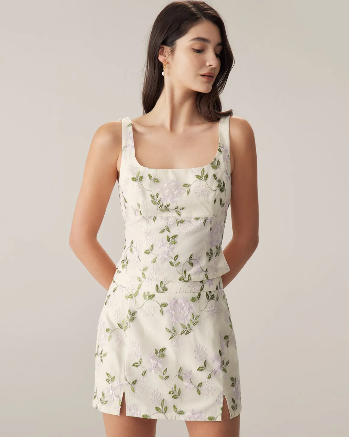 Beige Floral Straight Mini Skirt