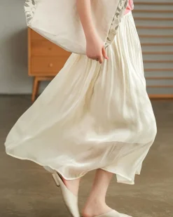 Beige Flowy Pleated Midi Skirt
