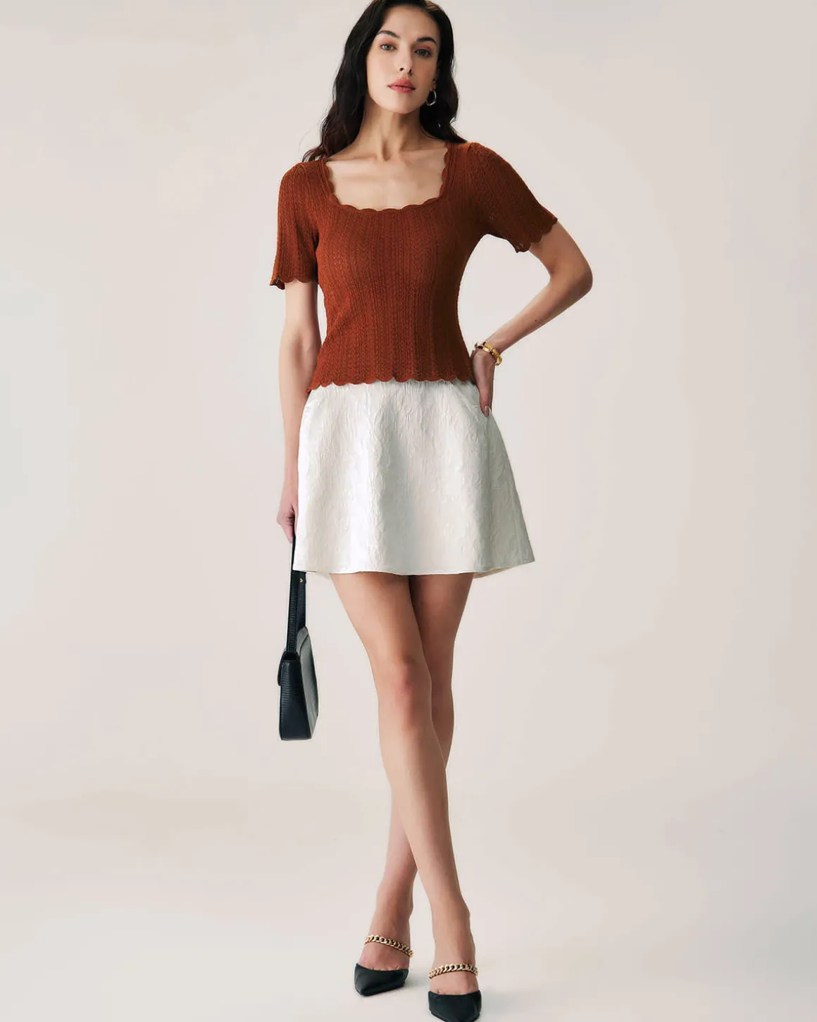 Beige Jacquard A-Line Mini Skirt