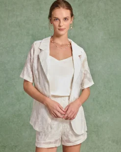 Beige Jacquard Blouse Shorts Two-Piece Set