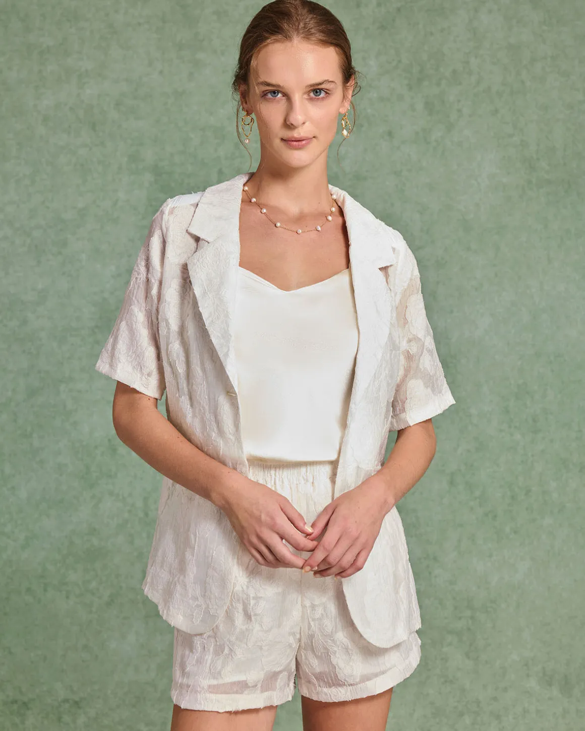 Beige Jacquard Blouse Shorts Two-Piece Set
