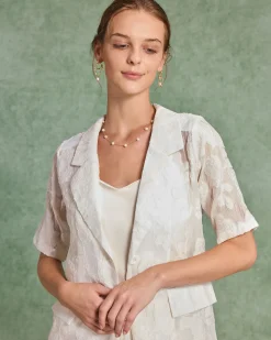 Beige Jacquard Blouse Shorts Two-Piece Set
