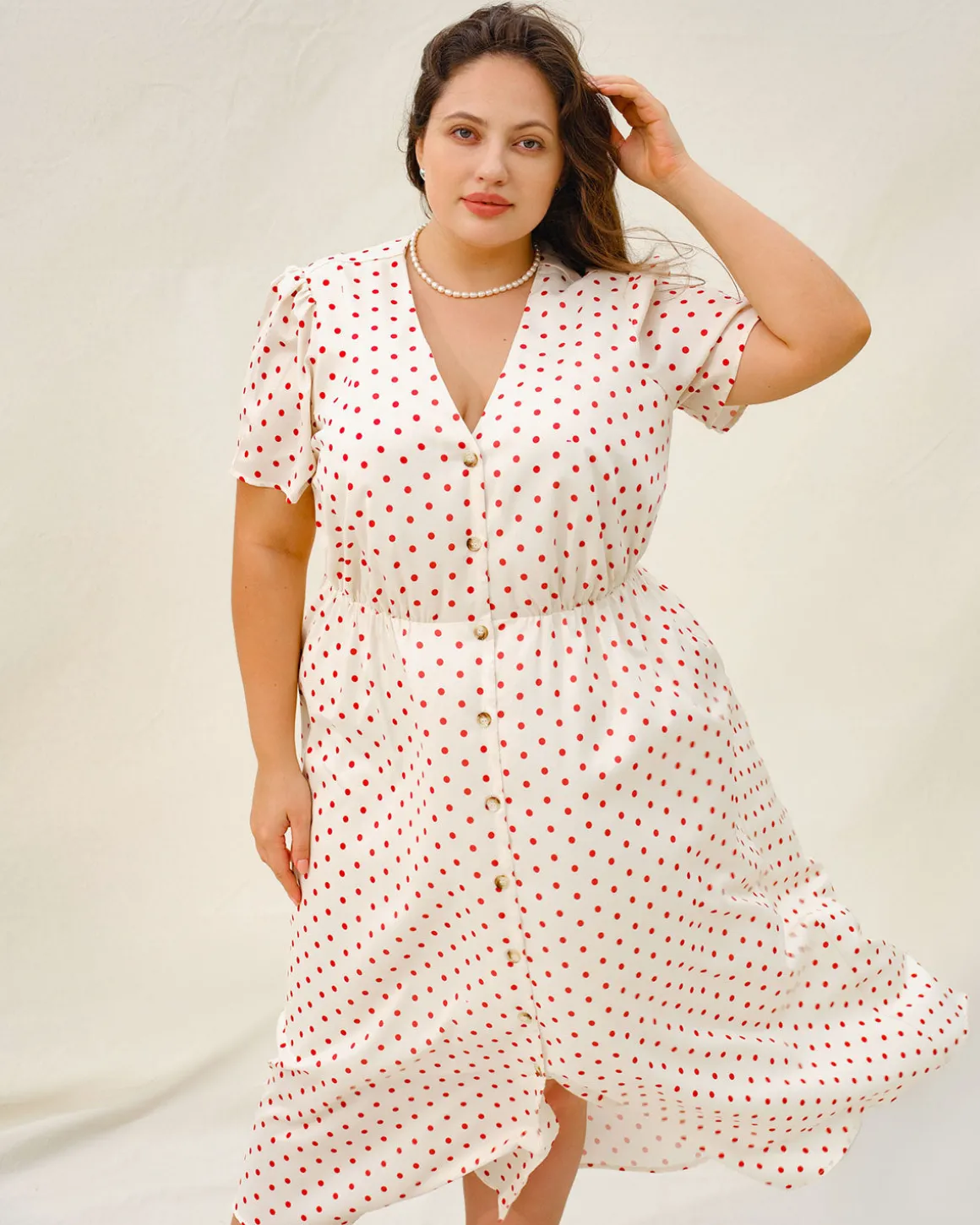 Beige Polka Dot Plus Size Midi Dress
