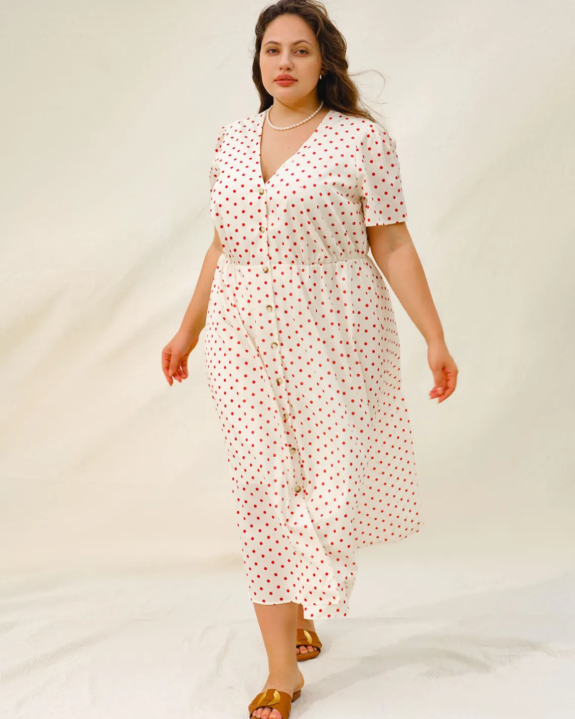 Beige Polka Dot Plus Size Midi Dress
