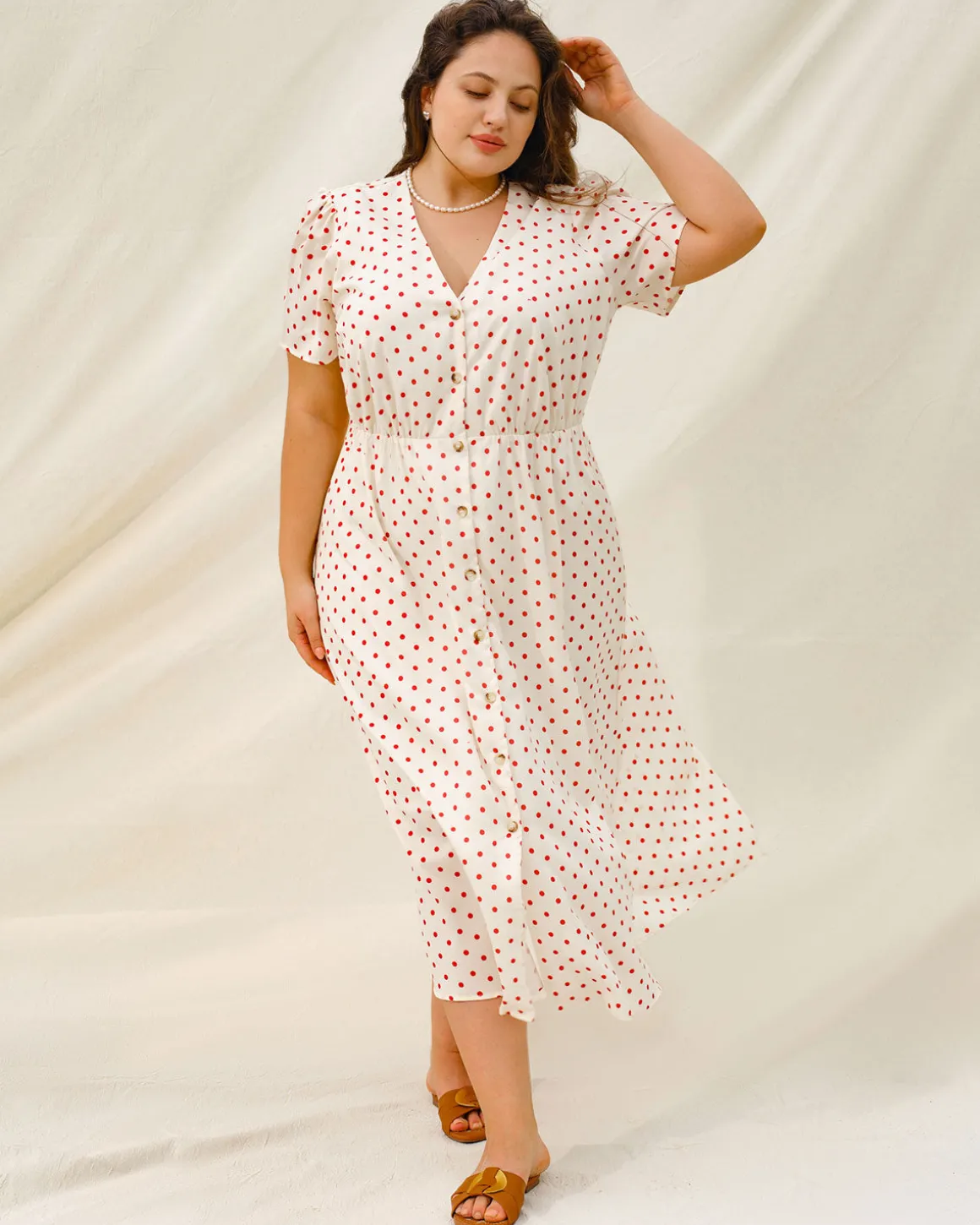 Beige Polka Dot Plus Size Midi Dress