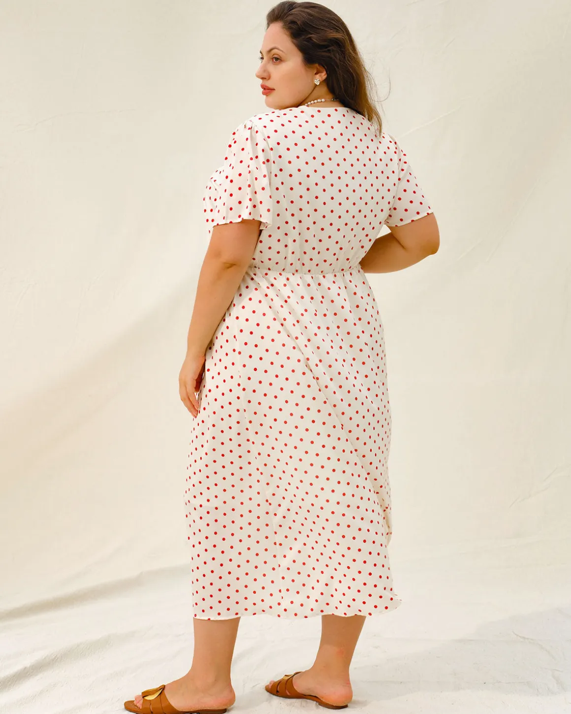 Beige Polka Dot Plus Size Midi Dress