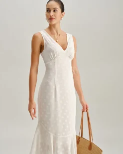 Beige Polka Dot V-Neck Midi Dress