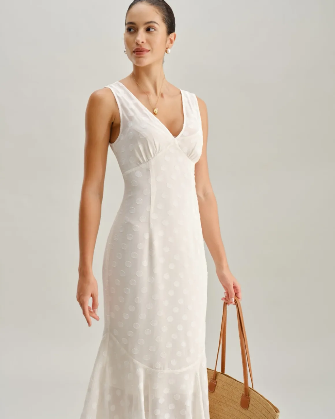 Beige Polka Dot V-Neck Midi Dress