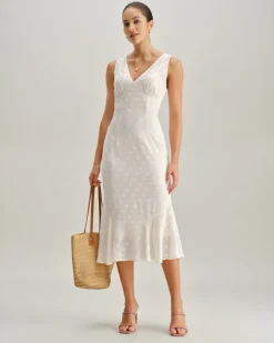 Beige Polka Dot V-Neck Midi Dress