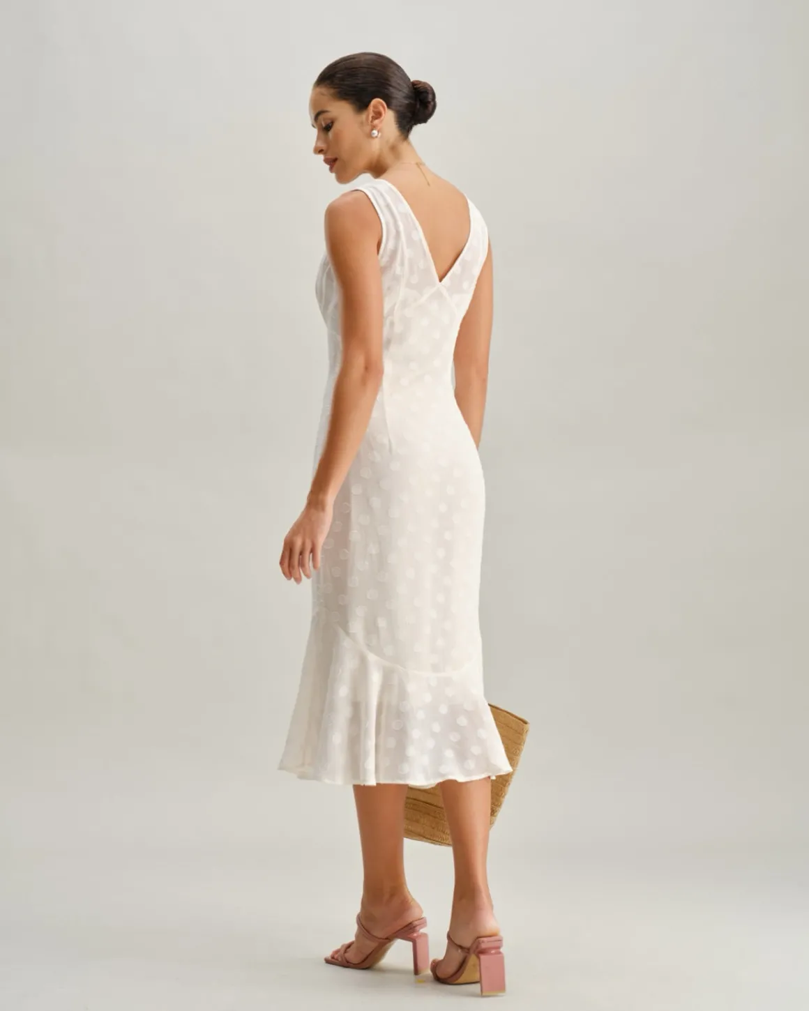 Beige Polka Dot V-Neck Midi Dress