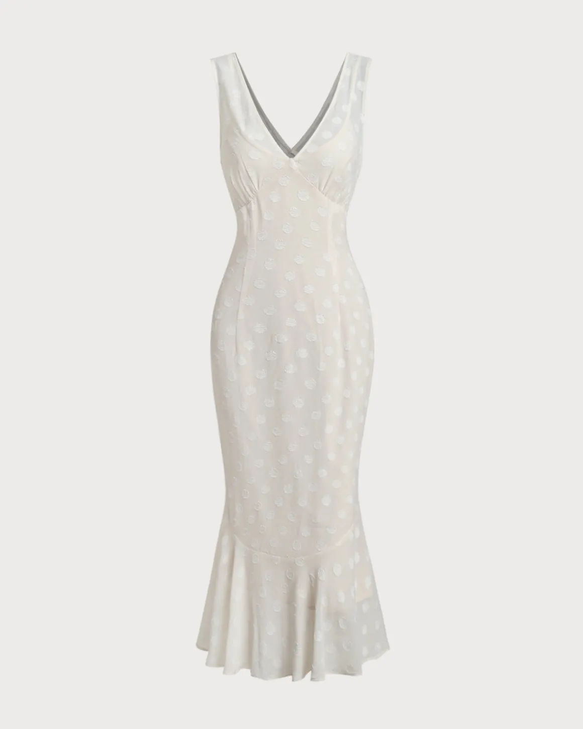 Beige Polka Dot V-Neck Midi Dress