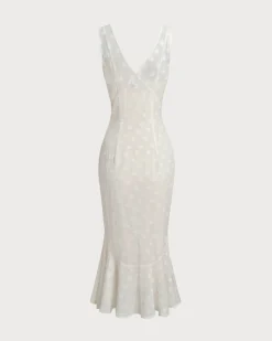 Beige Polka Dot V-Neck Midi Dress