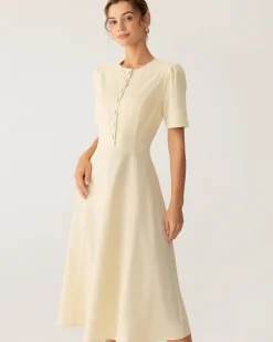 Beige Puffed Sleeve Button Midi Dress