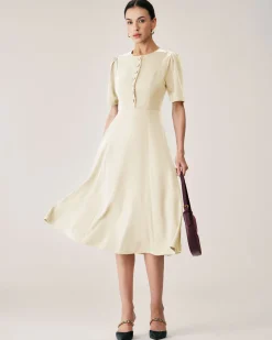 Beige Puffed Sleeve Button Midi Dress
