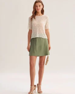 Beige Round Neck Textured Half Sleeve Tee