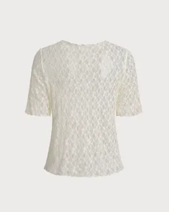 Beige Round Neck Textured Half Sleeve Tee