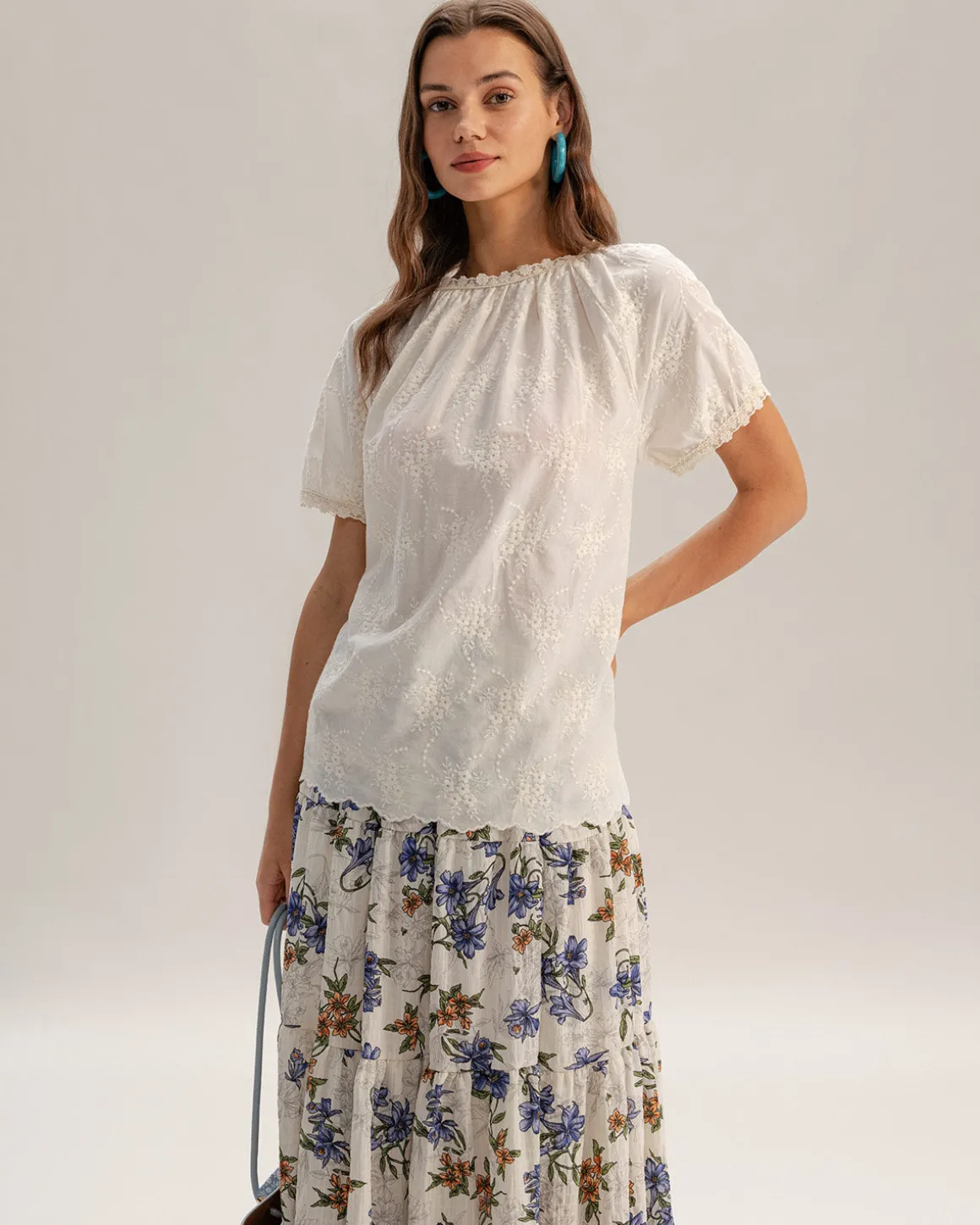 Beige Round Textured Neck Tee