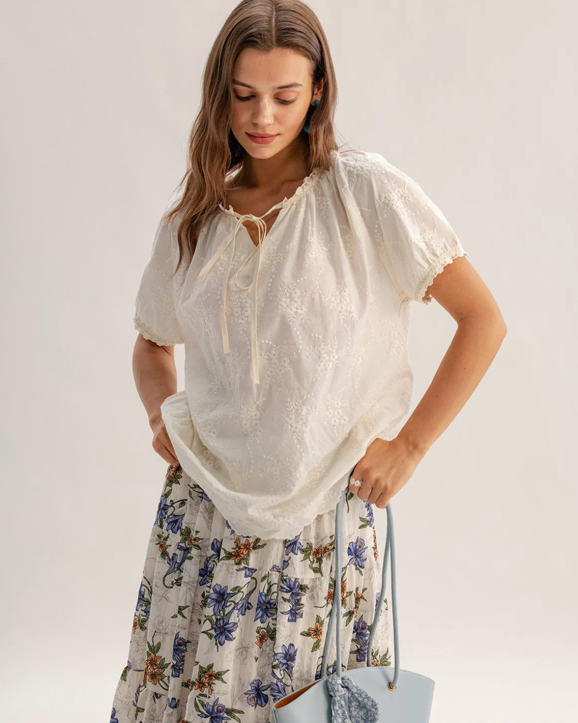 Beige Round Textured Neck Tee